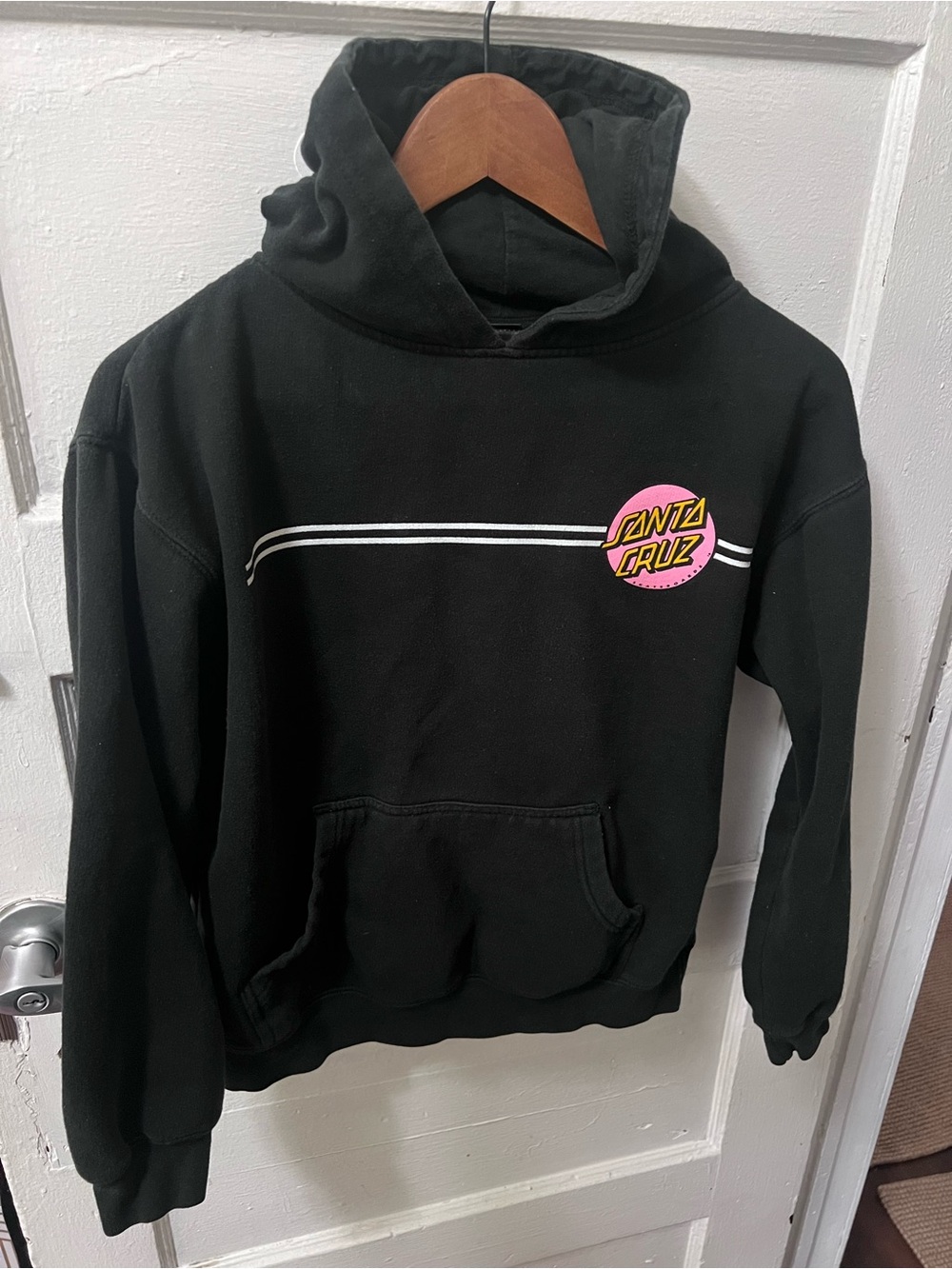 Santa Cruz Skateboards Black Hoodie with Pink Logo and White Stripes - Picture 1 of 3